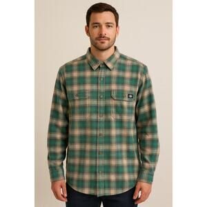 Men’s Dickies Navy Cream Tan Plaid Flannel Button Up Relaxed Fit size XL